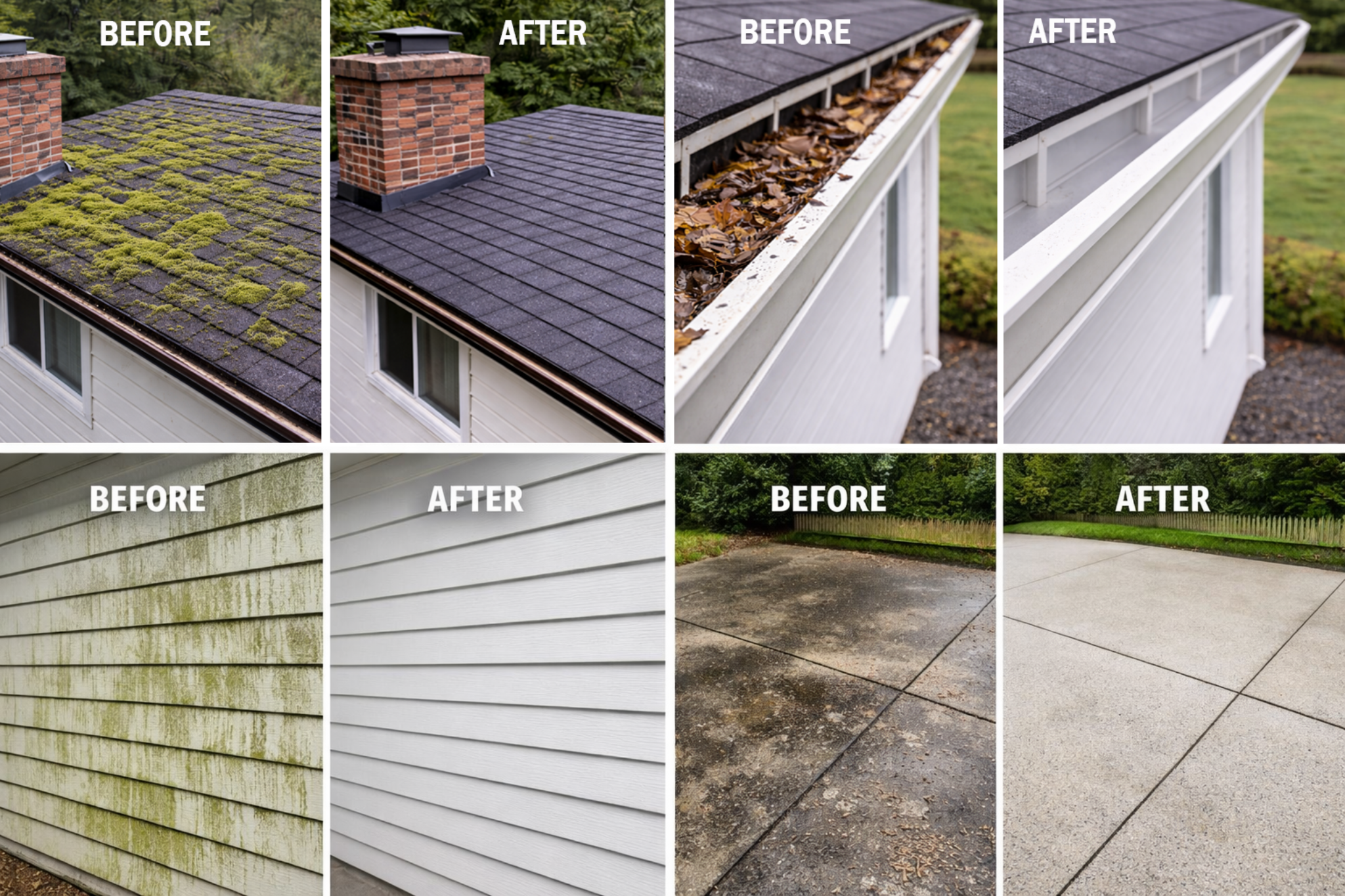 Before and after exterior cleaning examples including roof moss removal, gutter cleaning, siding washing, and driveway cleaning.